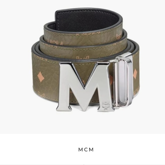 MCM Green/Silver Claus M Reversible Belt in Visetos Color Sea Turtle